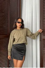 Topshow - Chemisier brodé à manches longues pour femme - Vente en gros - Élégant et moderne - Kaki