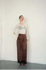 Wholesale Satin Trousers with Lace Hem - Coffee | D2969 - Topshow