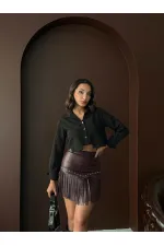 Topshow Western Tarz Püsküllü Mini Deri Toptan Etek - Kahve | F2041