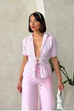 Önden Bağlamalı Çizgili Gömlek - Pembe Topshow