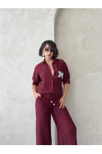 Chemise plissée à motif papillon en gros - Rouge bordeaux | Topshow