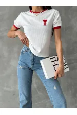 Topshow Krem Kırmızı Nakışlı Toptan Tişört