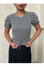 Blouse Topshow noire à carreaux imprimée taille haute, vente en gros