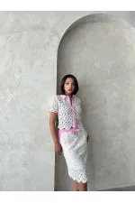 Kot Detaylı Dantel Uzun Etek - Ham Pembe | Topshow