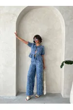 Önden Bağlamalı Nakışlı Toptan Bluz - Koyu Mavi | Topshow