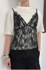 Penye Tunik Üstü Dantel Kısa Elbise - Krem | D3009 Topshow