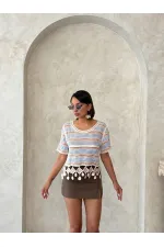 Topshow Orange Mesh Bottom Pompom Wholesale Blouse