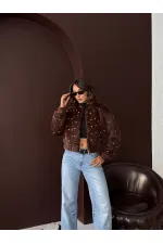 Topshow - Veste bomber en fausse fourrure (vente en gros) - Détails perles - Marron