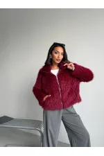 Women's Faux Fur Jacket – Zippered, Soft Textured Modern Winter Coat - BURGUNDY