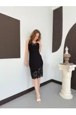 D 3043 DANTEL DETAYLI ASKILI ELBİSE - SİYAH
