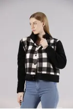 Manteau polaire à boutons-pression en gros - Carreaux noirs | TOPSHOW | F1133