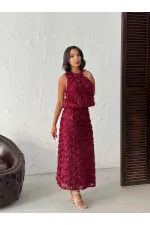 Topshow - Toptan Gül Süzüneli Kolsuz Bluz - Bordo