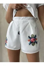 Nakışlı Vual Şort - Krem - D2882 | Topshow