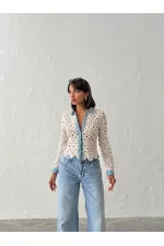 Dantel Detaylı İnci Düğmeli Uzun Kollu Kadın Toptan Gömlek-  Ham Mavi -Topshow | Topshow | F1945