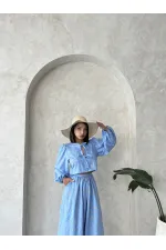 Embroidered Front Tie Wholesale Blouse - Light Blue | Topshow | F1902