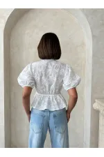 Front-Tie Embroidered Voile Blouse - Cream Topshow