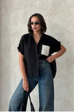 Chemise en lin noir brut Topshow avec poche appliquée et poche appliquée - Vente en gros