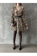 Leopar Çizgili Toptan Elbise - Taş | TOPSHOW | F1591