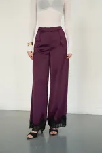 Wholesale Satin Trousers with Lace Hem - Plum | D2969 - Topshow