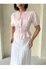 Gathered Shirt with Collar Detail - Pink | Topshow