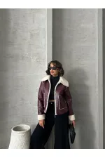 Veste en cuir zippée en gros - Rouge bordeaux crème | TOPSHOW | F1511