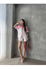 Topshow Fuchsia Stripe Detailed Low Sleeve Wholesale Shirt