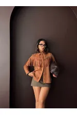 Chemise Topshow à franges en daim scuba - Beige | F2029