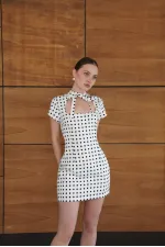 Puantiyeli Saten Toptan Elbise - Krem | D2978 - Topshow