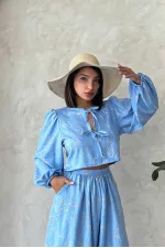 Embroidered Front Tie Wholesale Blouse - Light Blue | Topshow | F1902