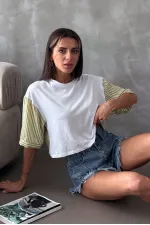 Topshow Fıstık Yeşili Çizgili Poplin Kollu Toptan T-Shirt