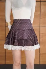 Jupe en satin à pois avec détails en dentelle - Marron | D2962 - Topshow