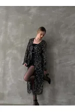 Uzun Toptan Hırka - Siyah Gümüş | TOPSHOW | F1618