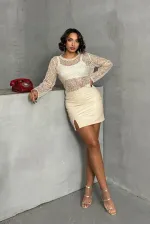 Diz Üstü Deri Toptan Etek - Taş | TOPSHOW | F1114