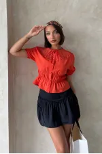 Gathered Shirt with Collar Detail - Orange | Topshow