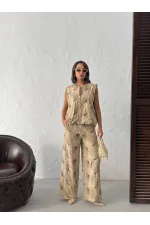 Topshow Nakışlı Keten Pantolon - Kahve | F2008