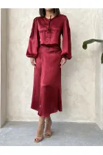 Kraşlı Saten Toptan Etek - Bordo | Topshow | F1915