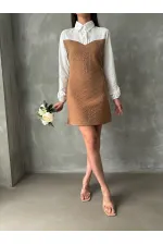 Knee-Length Wholesale Dress with Poplin Sleeves and Chest - Camel | TOPSHOW | F1139