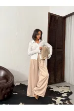 Yüksek Bel Bol Paça Saten Pantolon – Şık Ve Rahat Tasarım - Taş | F2052