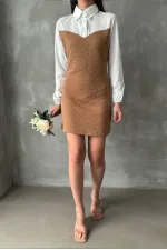 Knee-Length Wholesale Dress with Poplin Sleeves and Chest - Camel | TOPSHOW | F1139