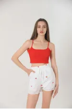 Topshow Kırmızı Çiçek Nakışlı Çepli Toptan Şort