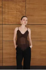 Askılı Dantel Detaylı Tül Toptan Bluz - Kahve | D2979 - Topshow