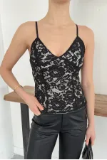 D 2939 Strappy Lace Tank Top - Black