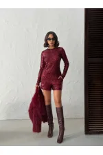 Chemisier à manches longues brodé de sequins scintillants Topshow pour femme - MARRON | F1866