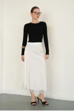 Dantel Detaylı Saten Toptan Etek - Krem | D2930 - Topshow