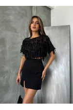 Topshow Siyah Simli Saçaklı Toptan Bluz