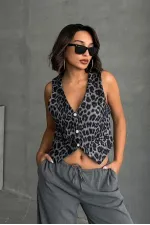 Kaşe Toptan Yelek - Gri Leopar | TOPSHOW | F1824