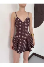 D3003  PUANTİYELİ ASKILI MİNİ ELBİSE - KAHVE TAŞ