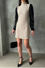 Leather Sleeved Turtleneck Knee-Length Wholesale Dress - Stone | TOPSHOW | F1143
