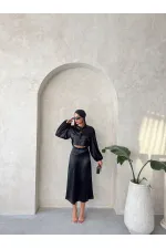 Kraşlı Saten Toptan Etek - Siyah | Topshow | F1915