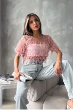 Topshow Pudra Simli Saçaklı Toptan Bluz
